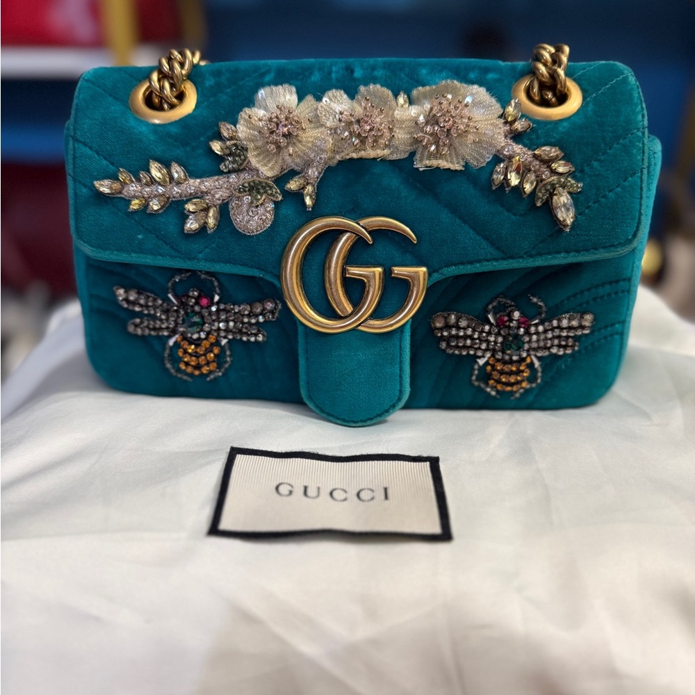 GG Marmont Teal Velvet Crystal Embellished Limited Edition Shoulder/Crossbody